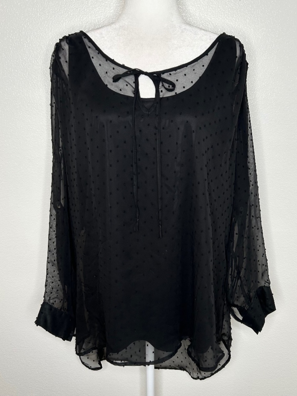 Daniel Rainn Womens Black Dotted Tie-Neck Long Sleeve Chiffon Top Blouse Size 2X